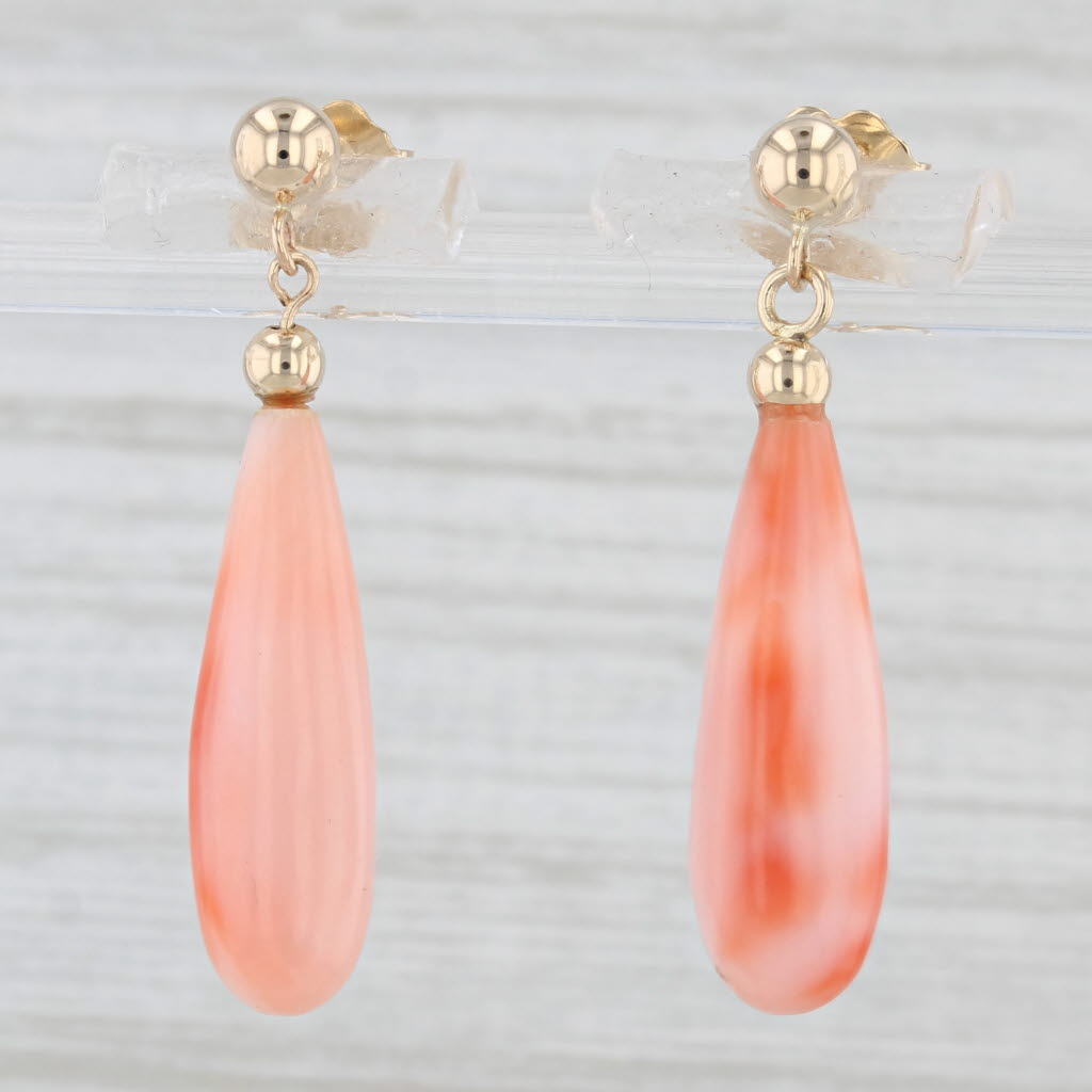 Light Gray Vintage Coral Teardrop Earrings 14k Yellow Gold Pierced Dangles