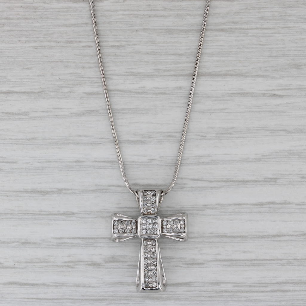 Gray 0.50ctw Diamond Cross Pendant Necklace 14k White Gold 17" Snake Chain