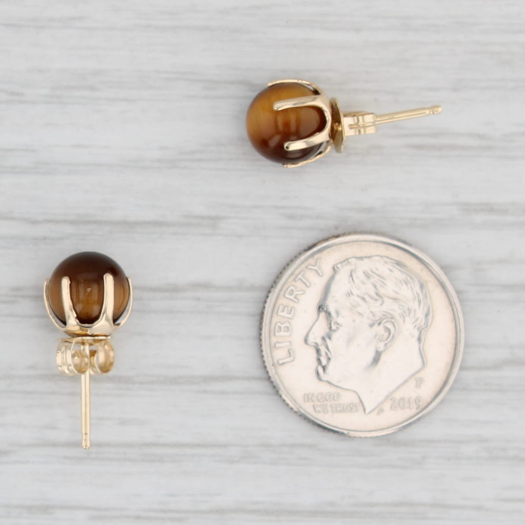 Light Gray Vintage Tiger's Eye Stud Earrings 14k Yellow Gold Brown Round Cabochons