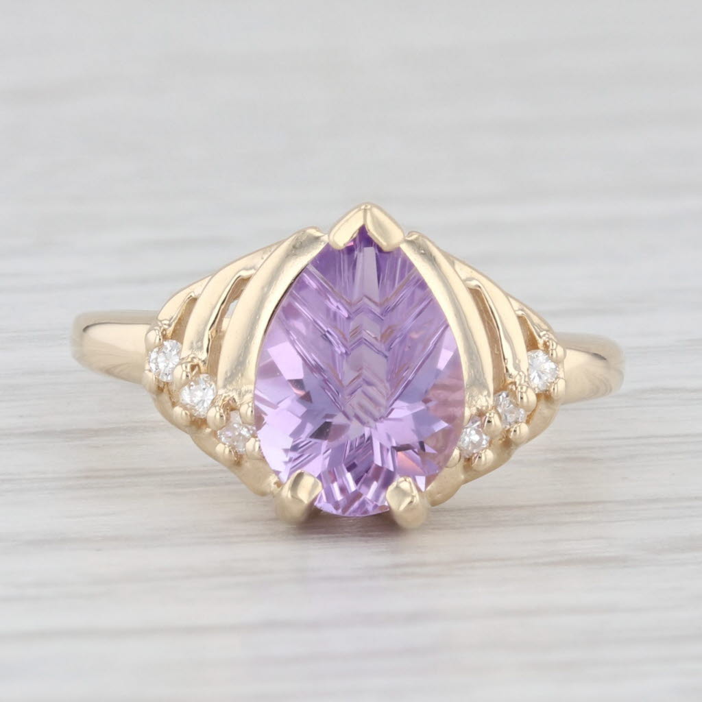 Light Gray 1.79ct Fantasy Pear Solitaire Amethyst Ring 14k Yellow Gold Sz 5 Diamond Accents