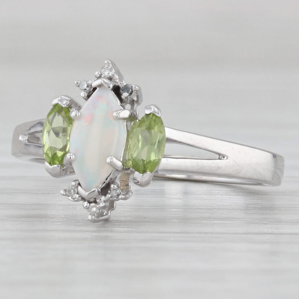 Light Gray Opal Peridot Diamond Ring 14k White Gold Size 7 Marquise Cabochon