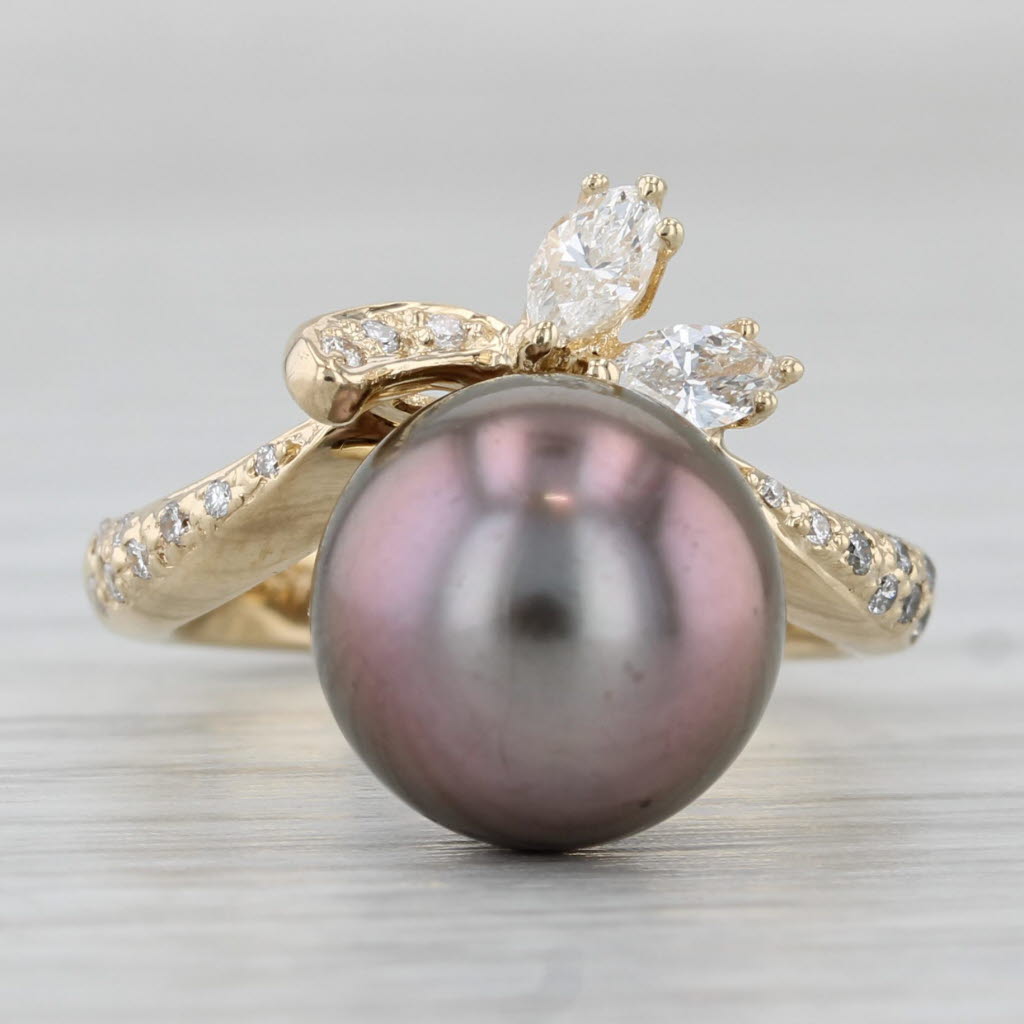 Gray Cultured Black Pearl 0.26ctw Diamond Ring 14k Yellow Gold Size 4