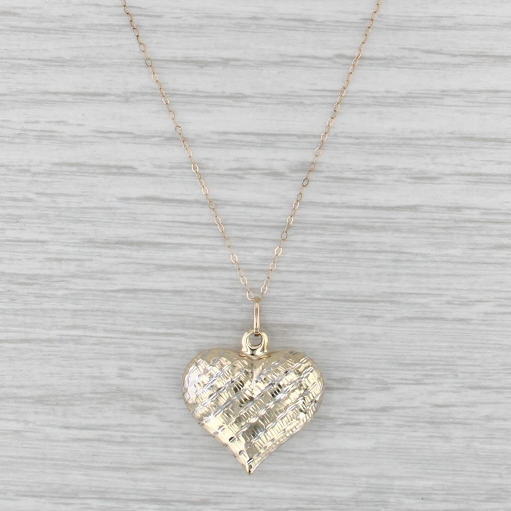 Crosshatch -Toned Puffy Heart Pendant Necklace 10k Yellow White Gold 18.25"