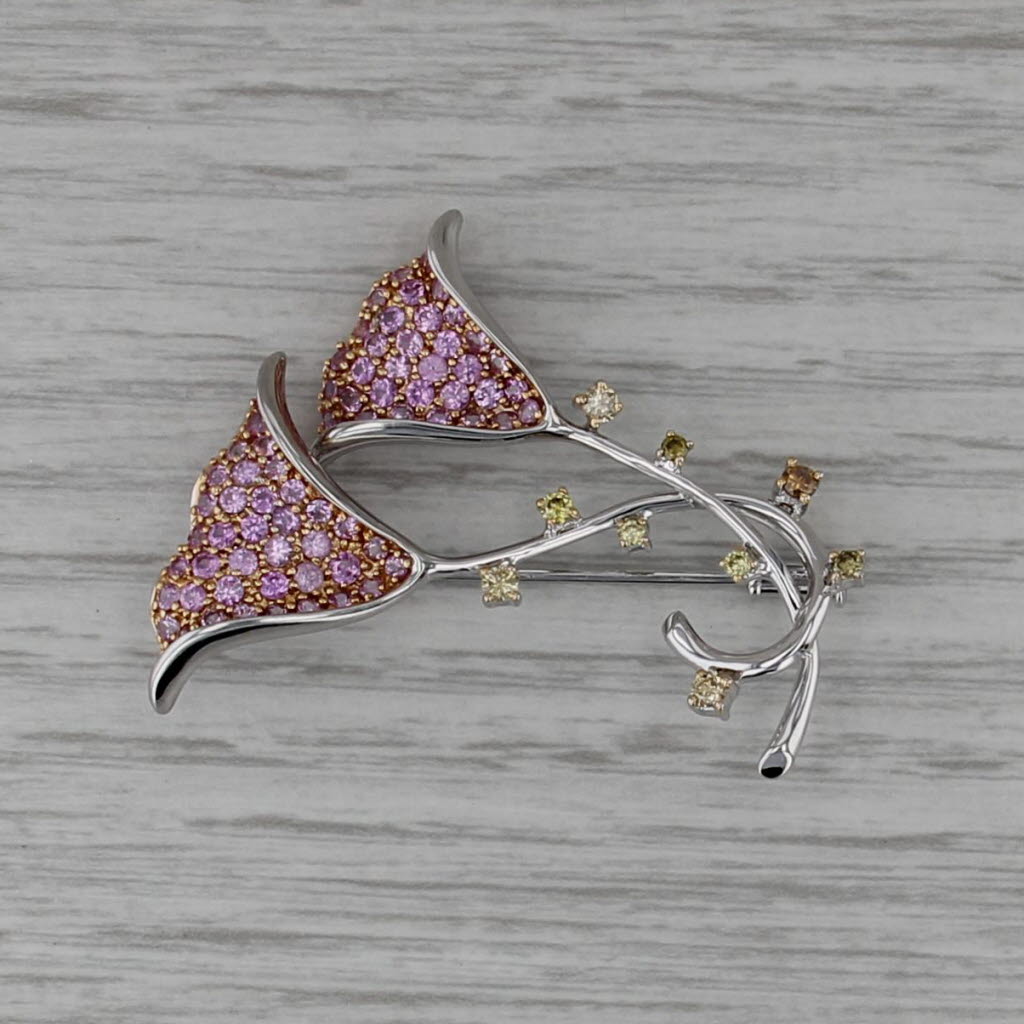 2.44ctw Pink Sapphire Yellow Diamond Lily Brooch Pendant 18k White Gold Pin