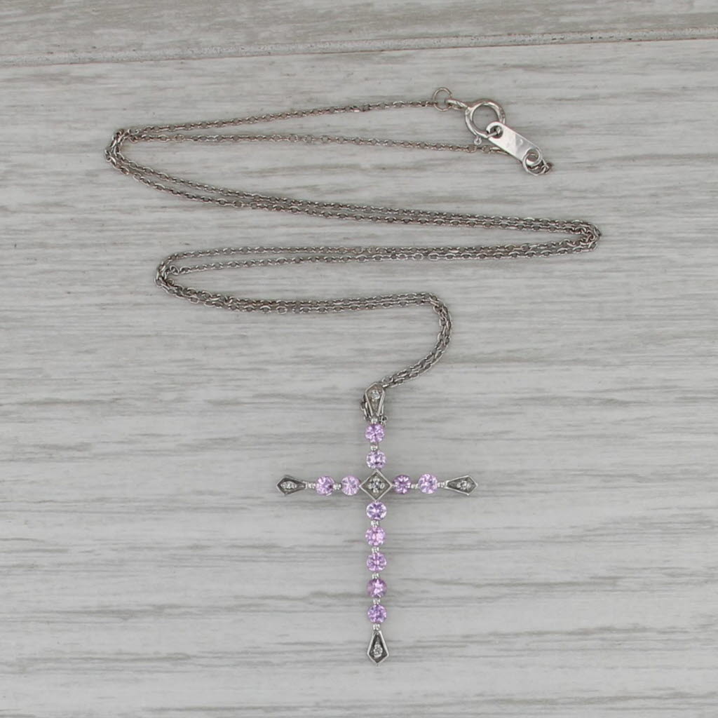 0.62ctw Pink Sapphire Diamond Cross Pendant Necklace 10k White Gold Cable Chain