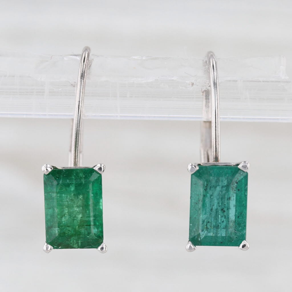2ctw Emerald Cut Emerald Drop Earrings 14k White Gold Lever Backs