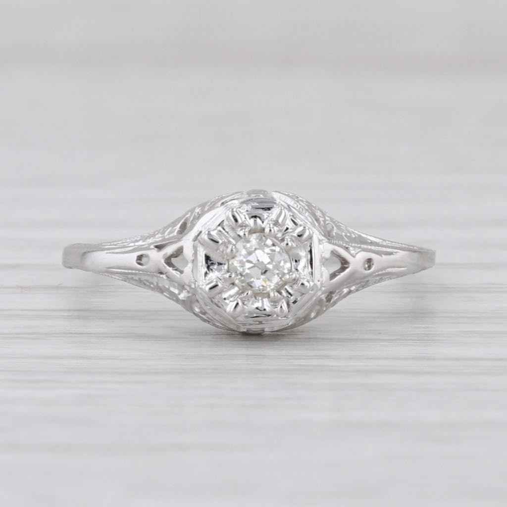 Art Deco 0.10ct Diamond Engagement Ring 18k Gold Filigree Old European Solitaire