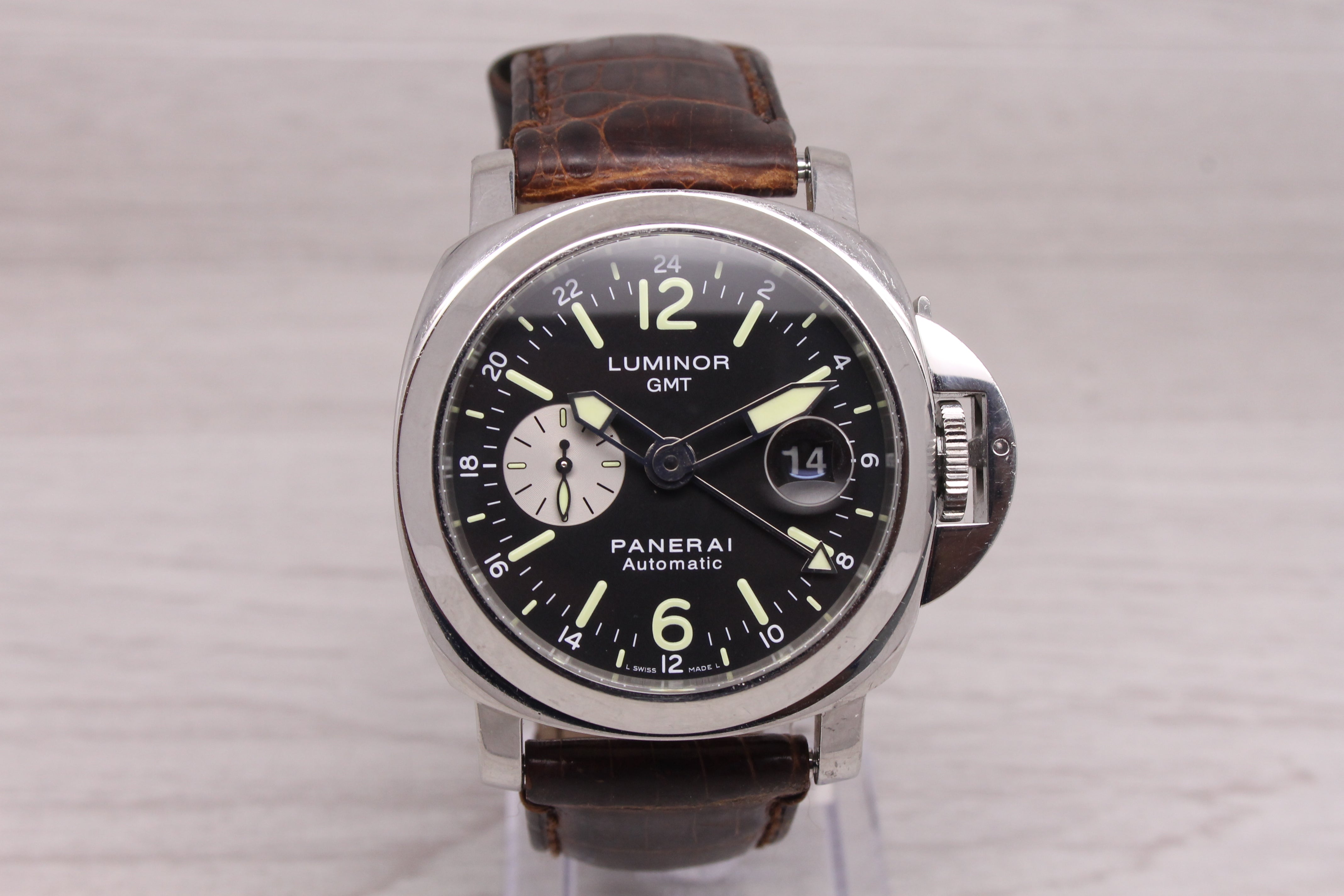 Gray Panerai Luminor GMT PAM88 PAM 00088 Mens 44mm Steel Automatic Watch Box Papers