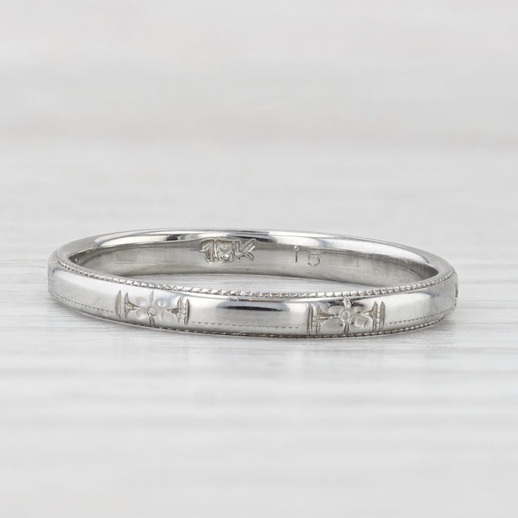 Light Gray Floral Pattern Wedding Band Stackable Ring 18k White Gold Size 6.5