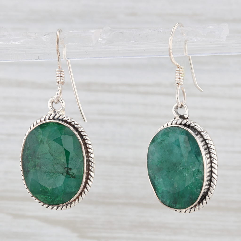 Light Gray Faceted Green Stone Dangle Earrings Sterling Silver Hook Post Drops