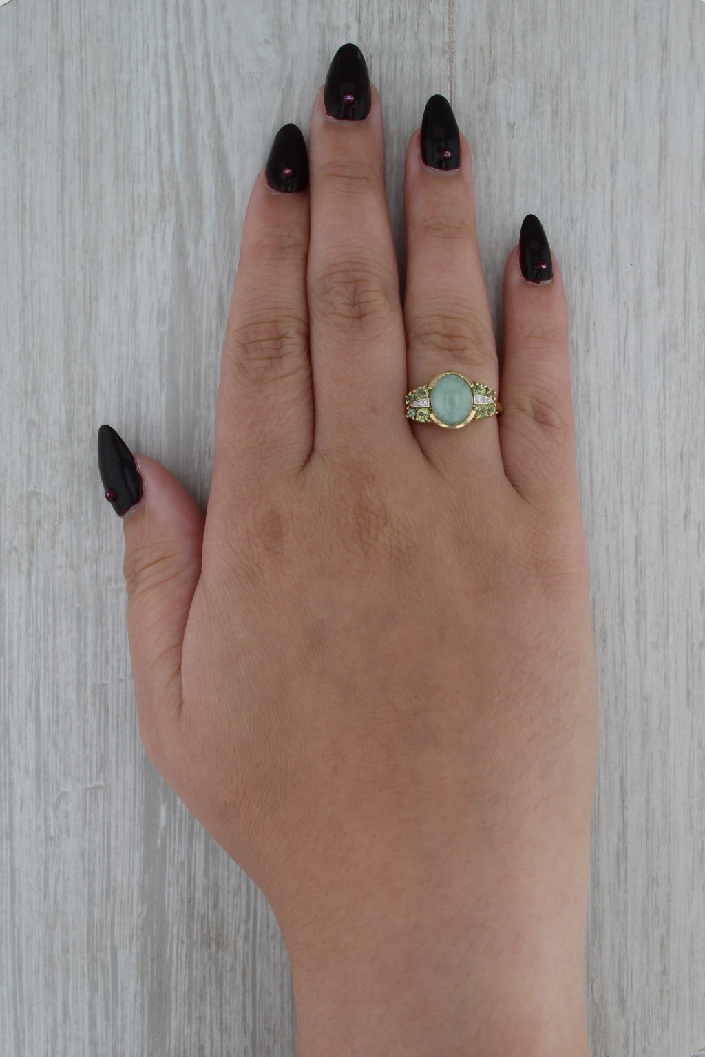 Green Jadeite Jade Cabochon Peridot Ring 14k Yellow Gold Size 8