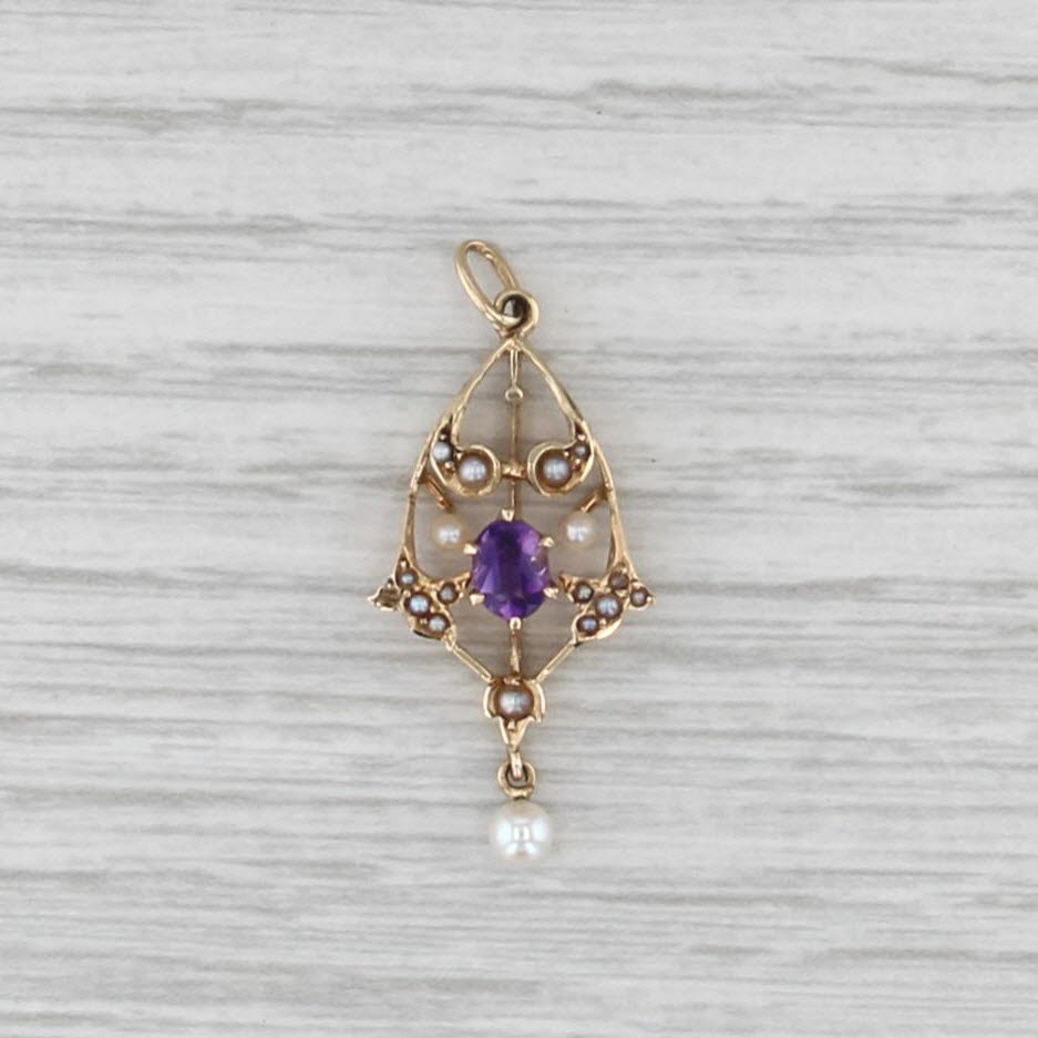 Vintage Seed Pearl 0.26ct Amethyst Pendant 14k Yellow Gold Charm
