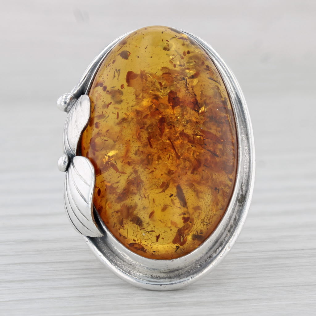 Light Gray Amber Oval Cabochon Statement Ring Sterling Silver Size 7 Handmade