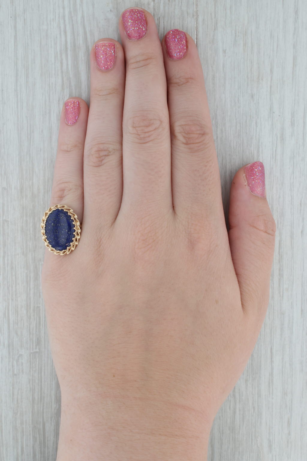 Dark Gray Oval Cabochon Solitaire Blue Lapis Lazuli Ring 10k Yellow Gold Size 7.25