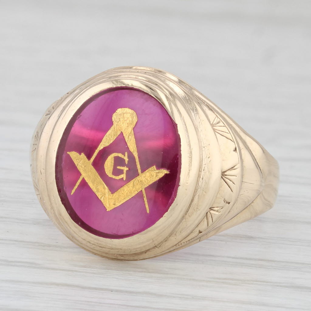 Light Gray Masonic Signet Ring Lab Created Ruby 10k Gold Blue Lodge Square Compass Sz 10.5