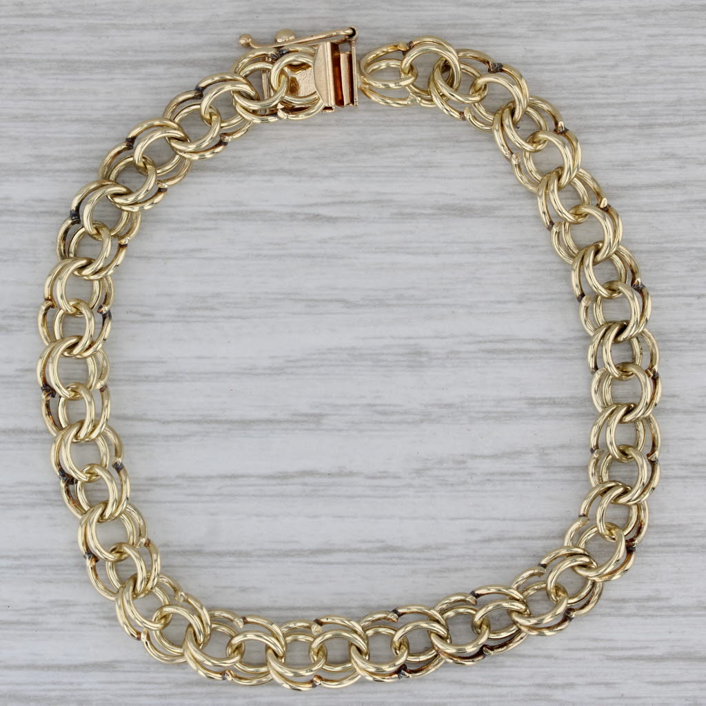 Gray Double Curb Chain Charm Bracelet 14k Yellow Gold 7" 7.6mm