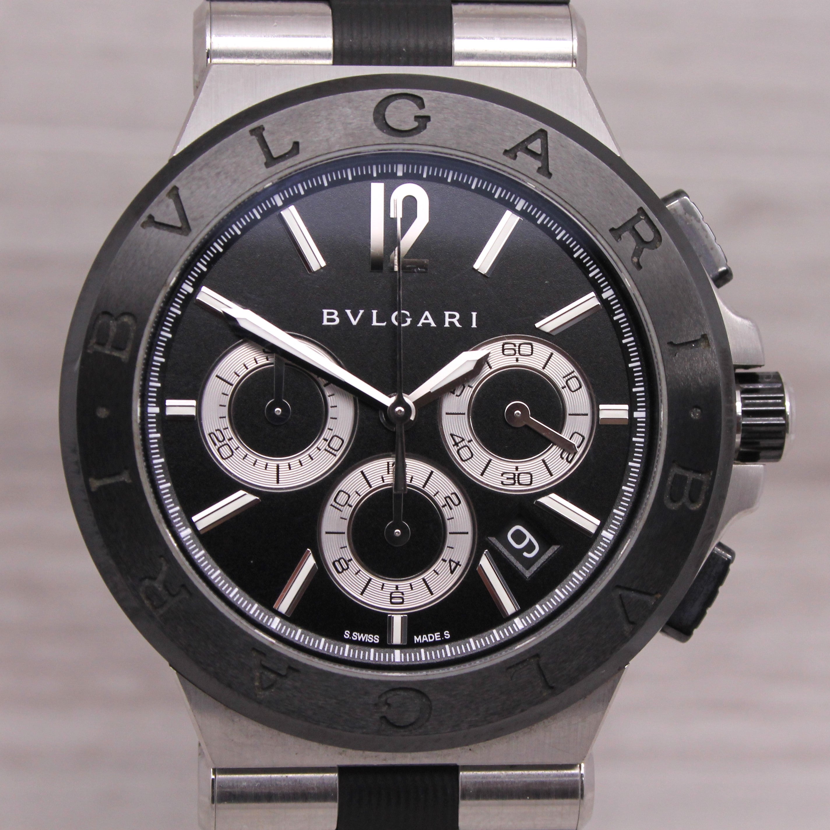 Dark Gray Bvlgari Diagono Mens 42mm Steel Automatic Chronograph Watch Box Card Manuals