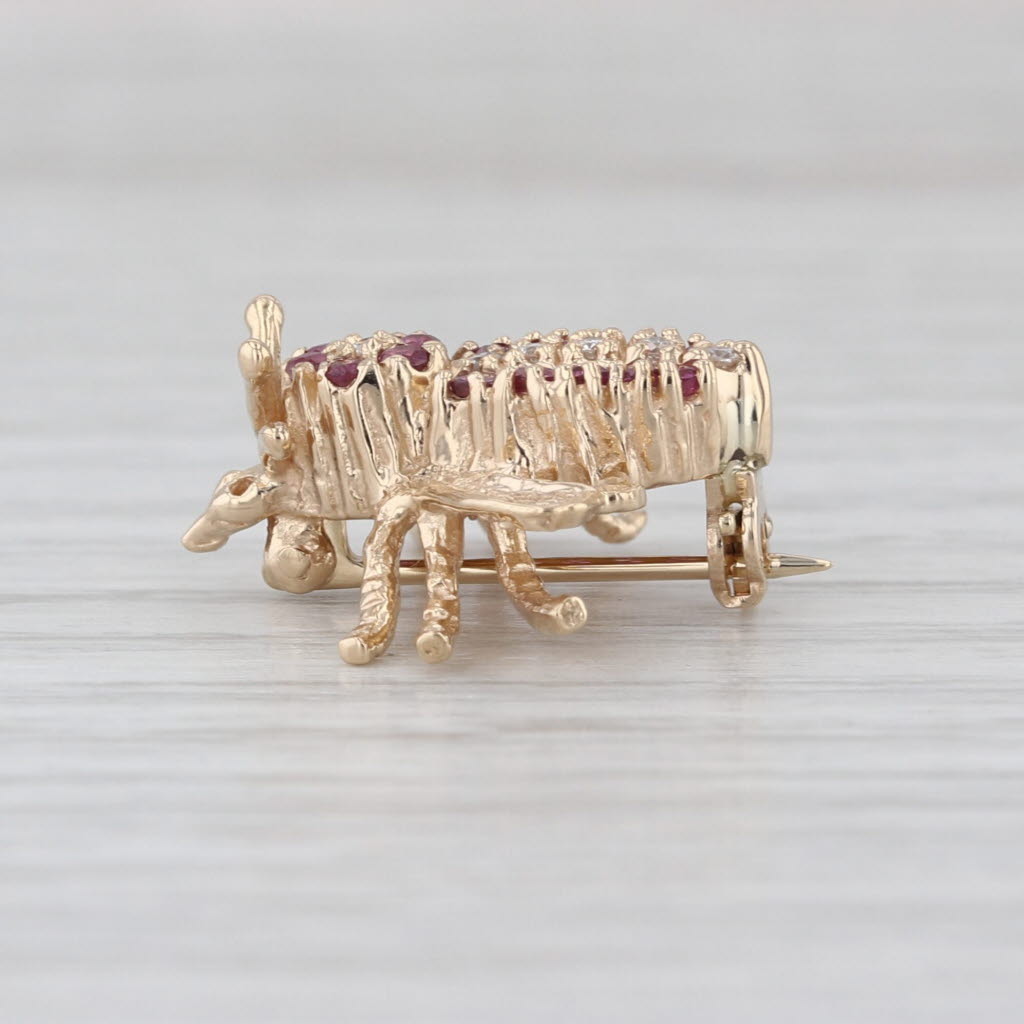 Vintage 0.30ctw Ruby Diamond Bee Pin 14k Yellow Gold Small Bug Brooch