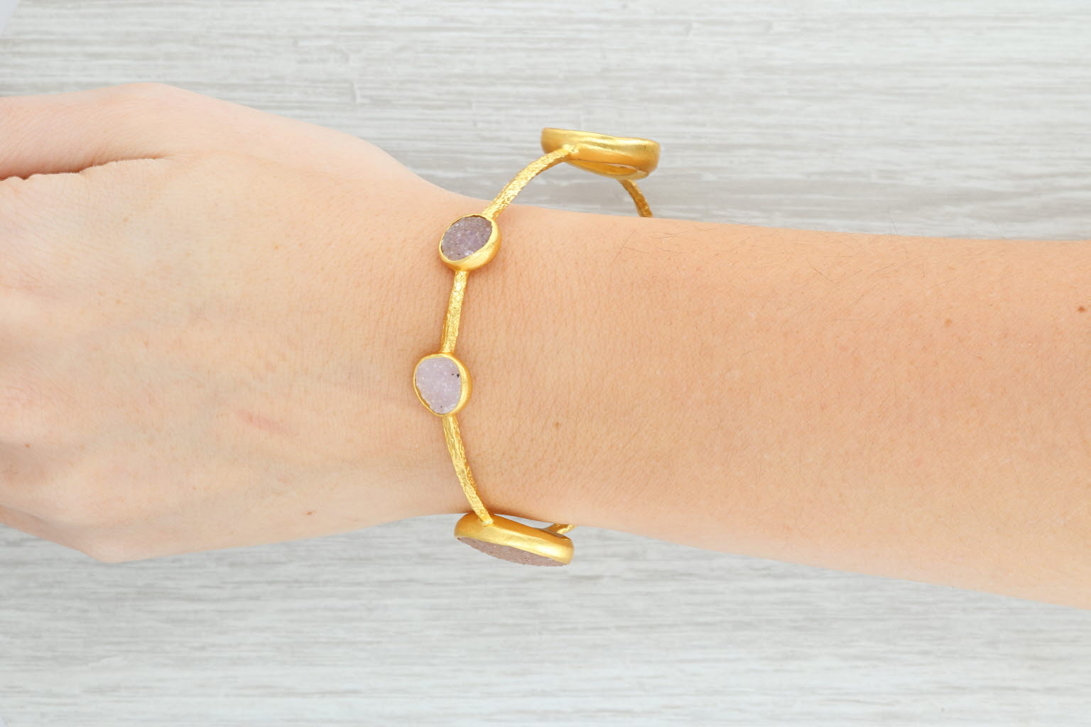 New Nina Nguyen Bangle Bracelet Druzy Quartz 8" 22k Gold Sterling Silver Vermeil