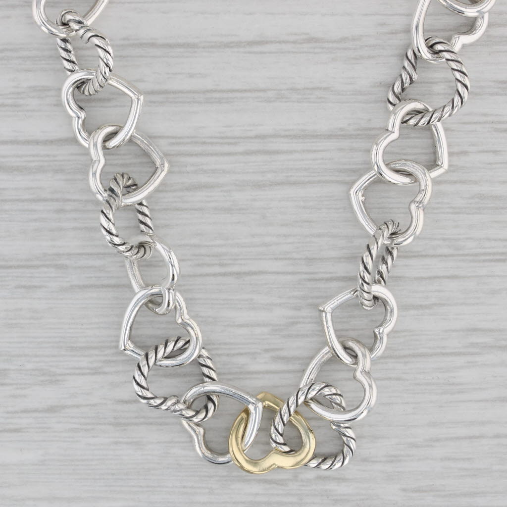 Gray David Yurman Linked Hearts Cable Chain Necklace Sterling Silver 18k Gold 17"