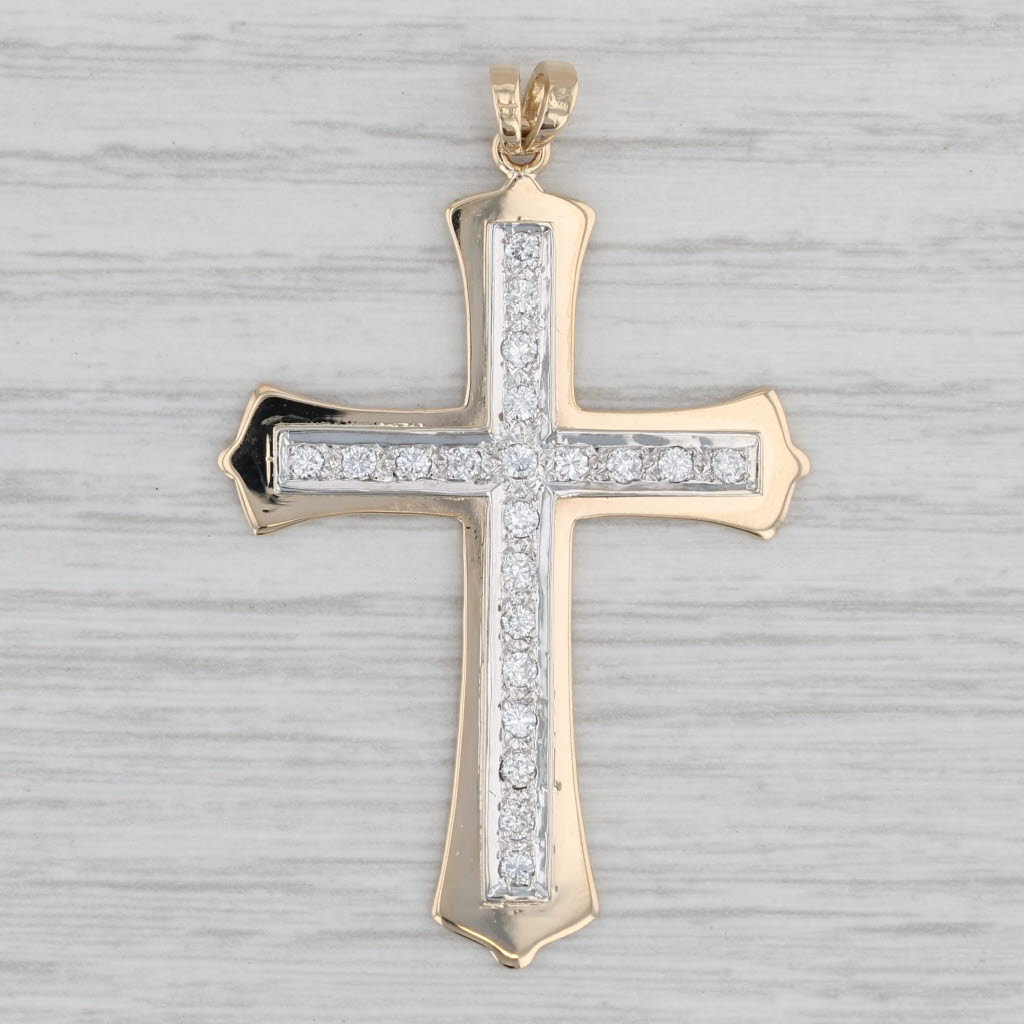 Light Gray 0.42ctw Diamond Cross Pendant 14k Yellow Gold Large Statement Religious Jewelry