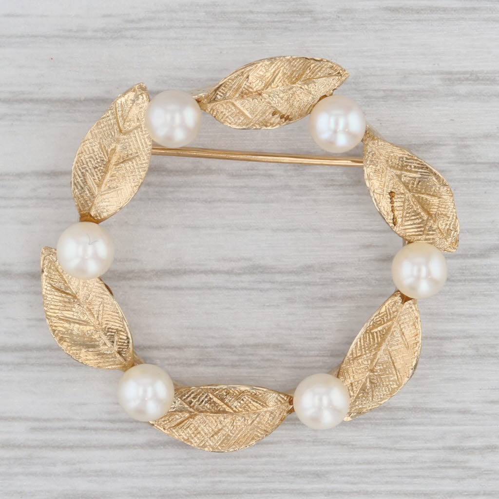 Gray Cultured Pearl Wreath Brooch 14k Yellow Gold Statement Pin