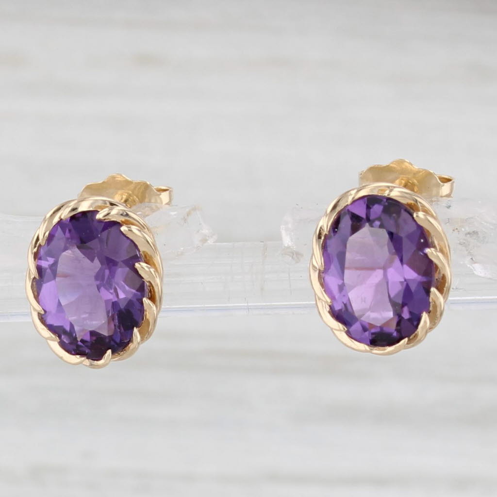 Light Gray 3.10ctw Amethyst Stud Earrings 14k Yellow Gold Oval Solitaires