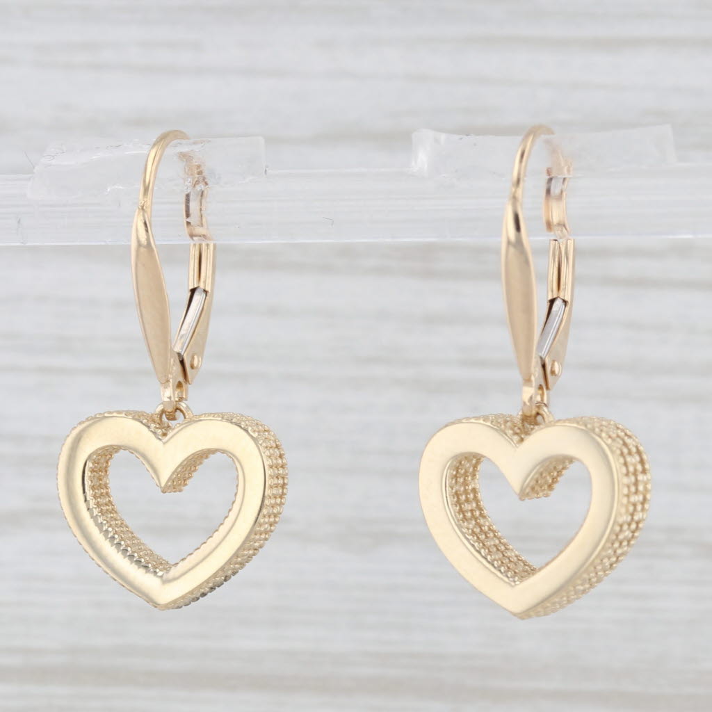 Light Gray Open Heart Dangle Earrings 14k Yellow Gold Lever Back Drops