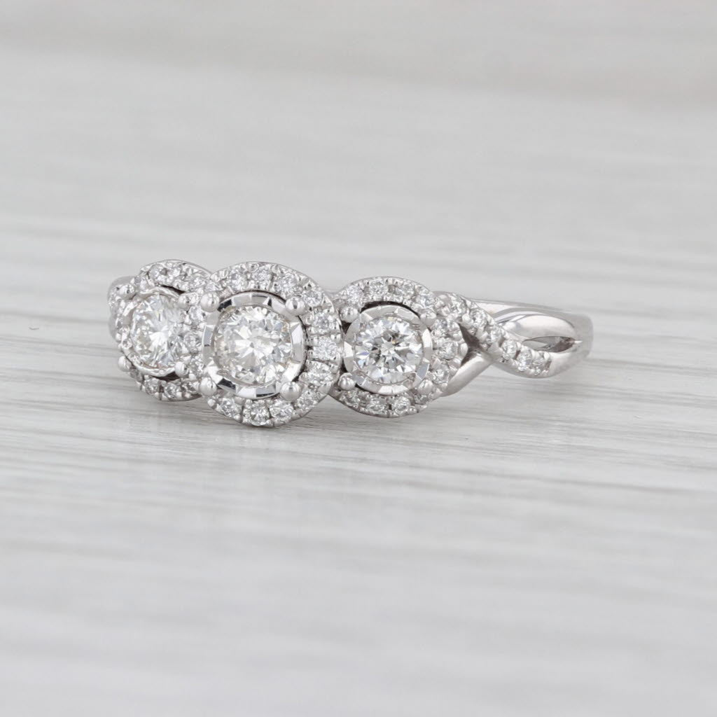 0.47ctw Diamond 3-Stone Halo Engagement Ring 10k White Gold Size 6.75