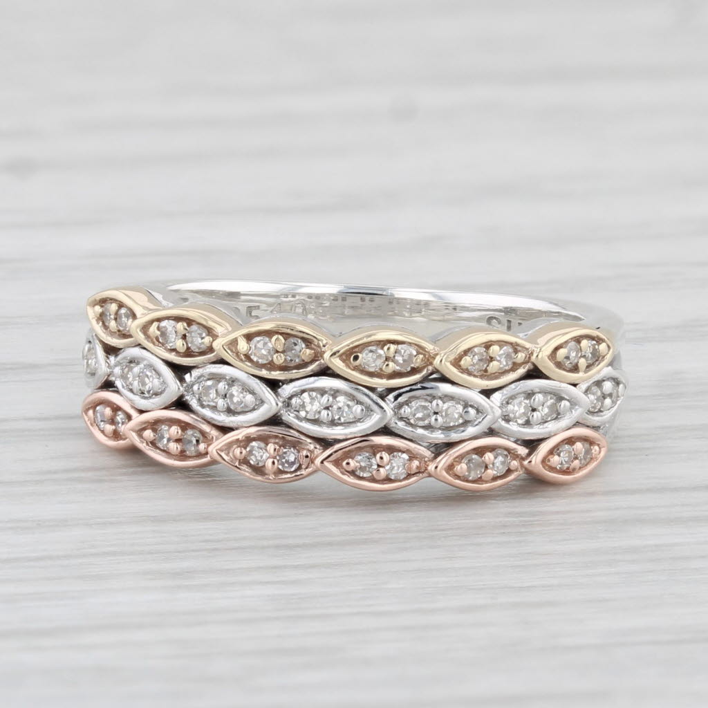 Light Gray 3-Band Stackable Design Diamond Ring Sterling Silver 10k Yellow Rose Gold