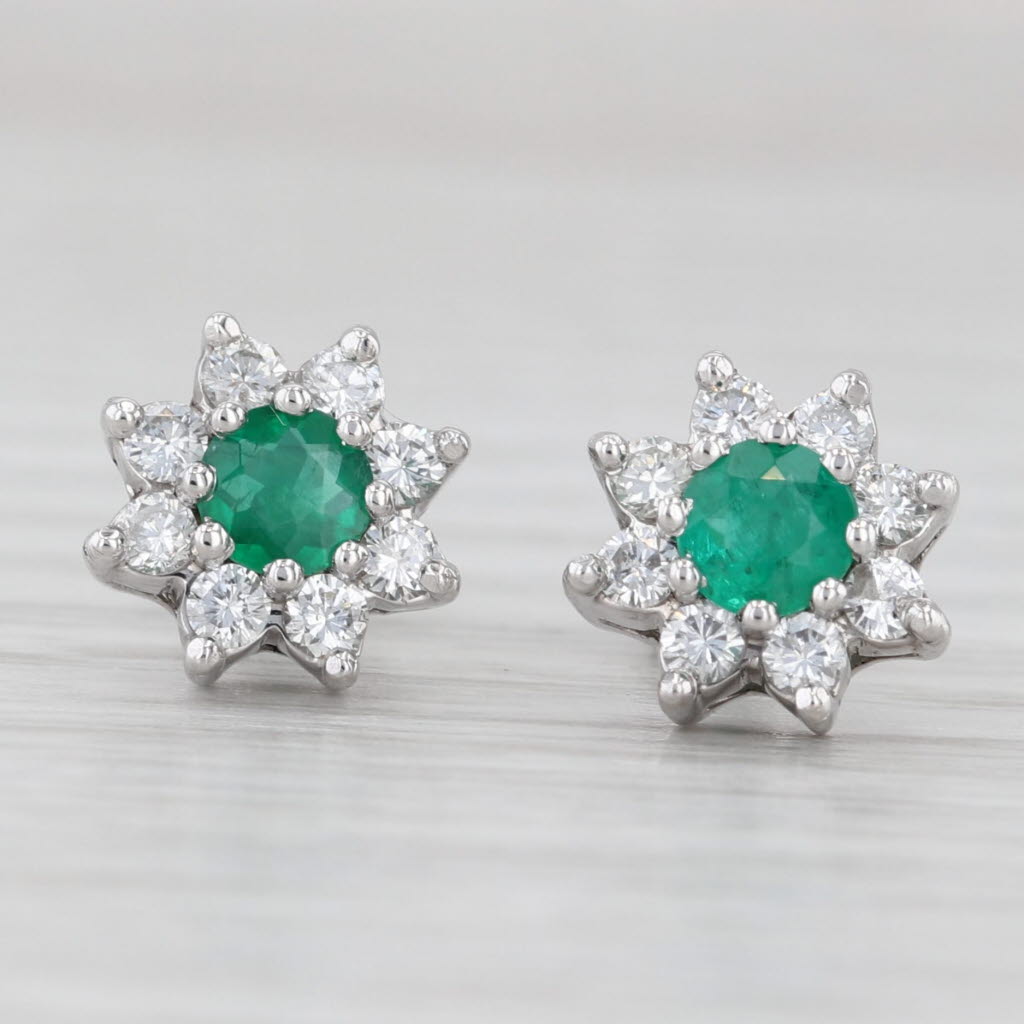 Light Gray 1ctw Emerald Diamond Halo Flower Stud Earrings 14k White Gold