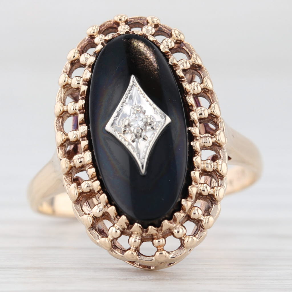 Light Gray Vintage Onyx Diamond Signet Ring 10k Yellow Gold Size 7