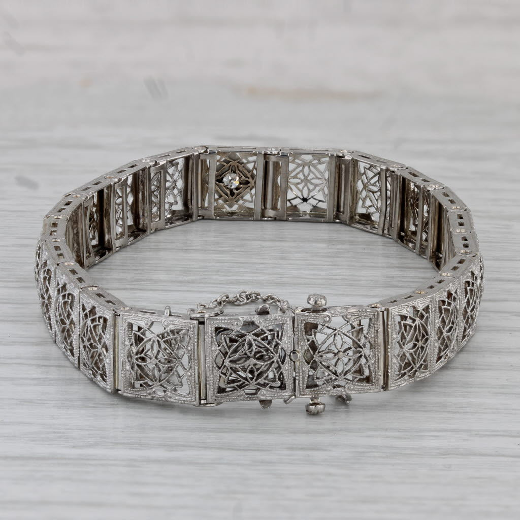 Gray Art Deco 0.18ctw Diamond Filigree Bracelet 14k White Gold Platinum 7"