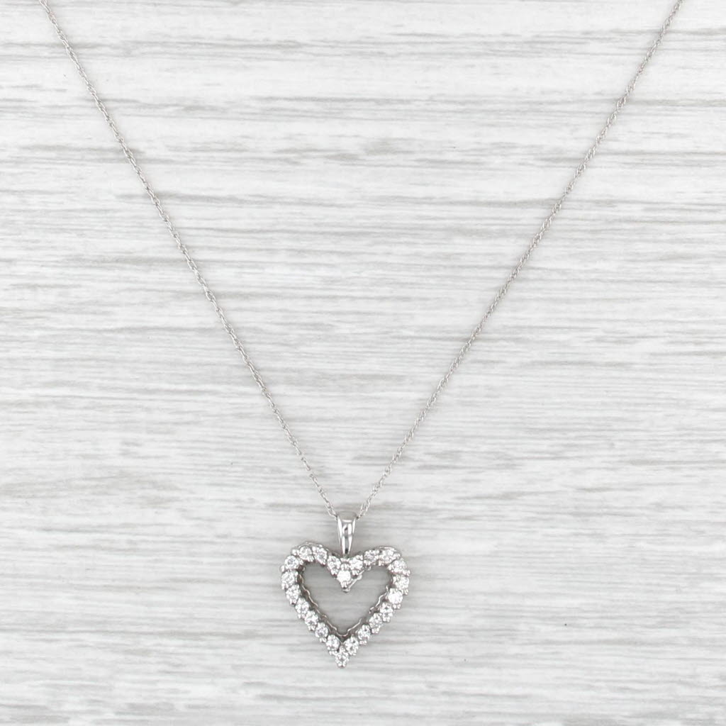 0.37ctw Diamond Open Heart Pendant Necklace 14k White Gold 18" Rope Chain