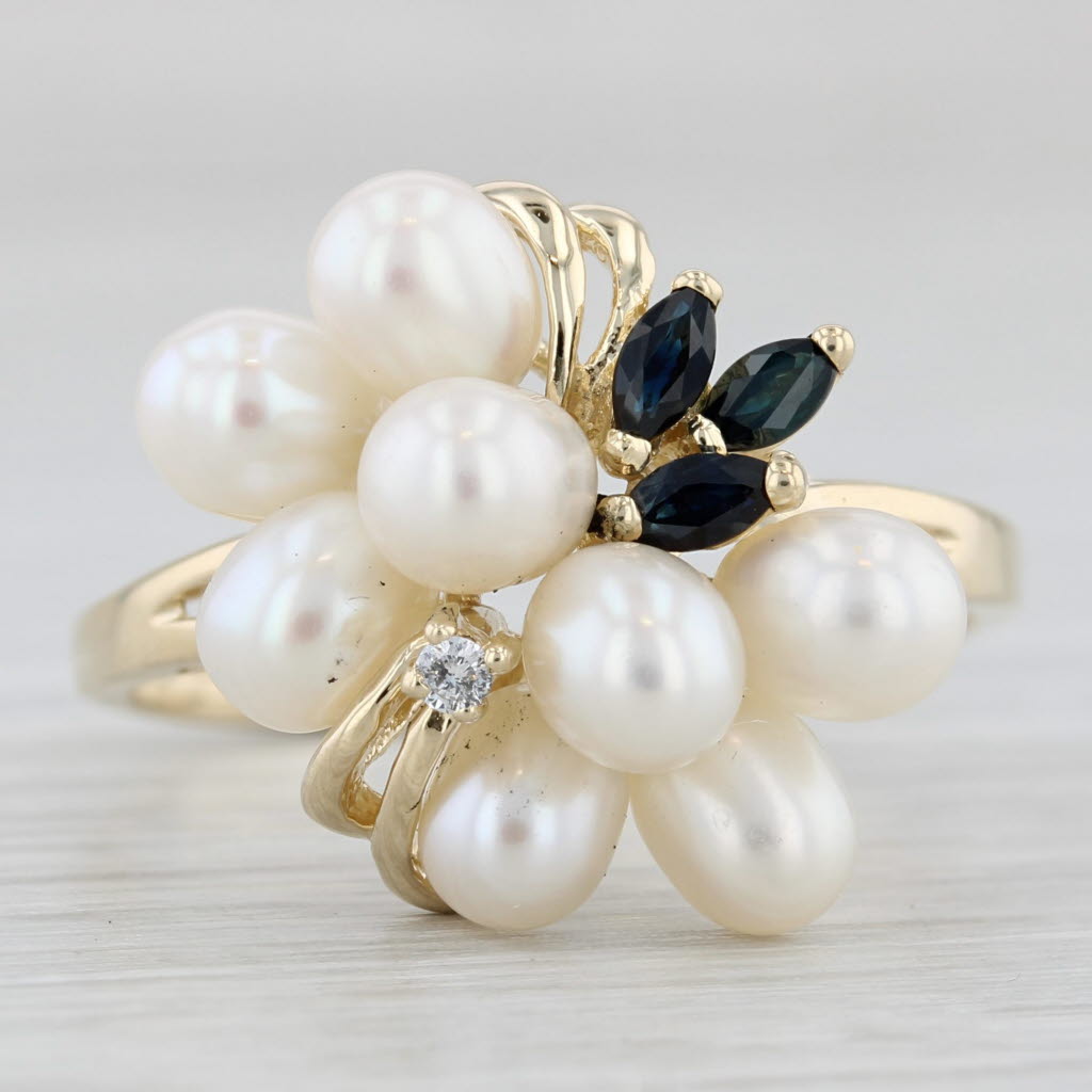 Light Gray Cultured Pearl Blue Sapphire Cluster Ring 14k Yellow Gold Size 10.25