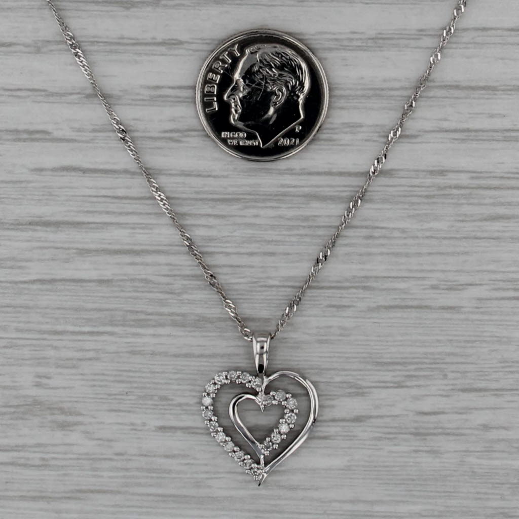 0.20ctw Diamond Double Openheart Pendant 10k White Gold 18" Singapore Chain