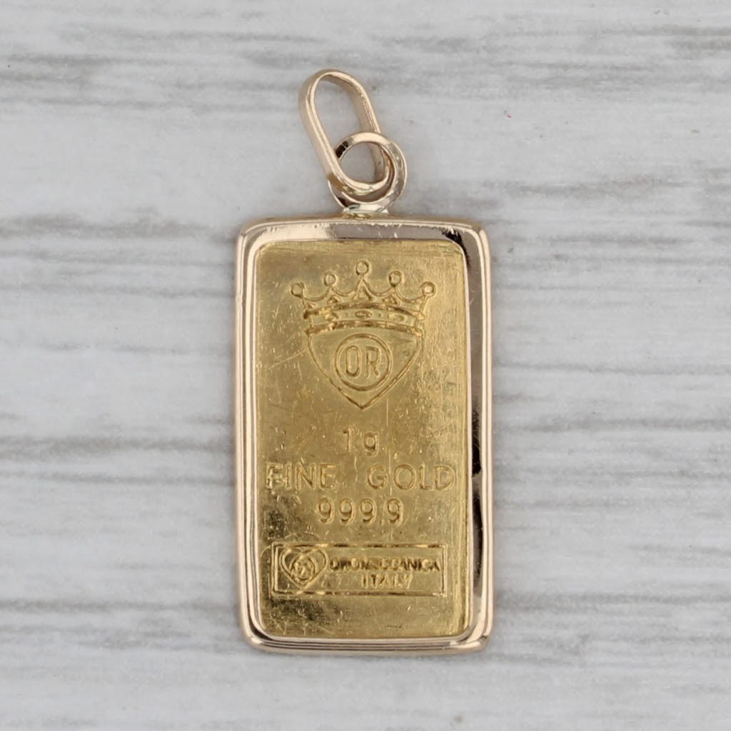 Gray Oro Meccanica 1 Gram 9999 Fine Gold Bar Pendant 10k Bezel Charm