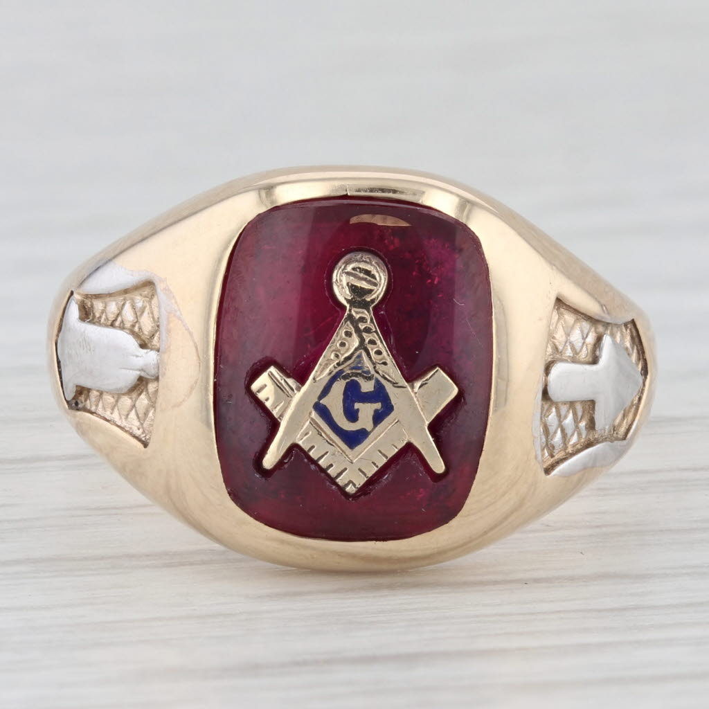 Light Gray Masonic Blue Lodge Signet Ring 10k Gold Square Compass Lab Created Ruby Size 10