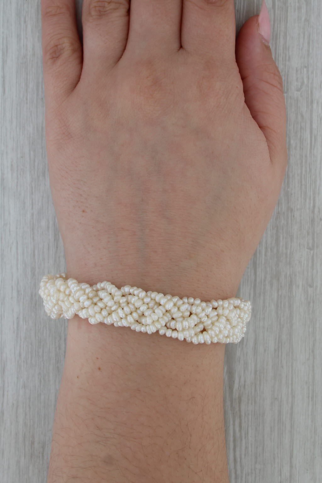 Woven Mesh Cultured Pearl Strand Bracelet 14k Yellow Gold 7.5" 14.8mm