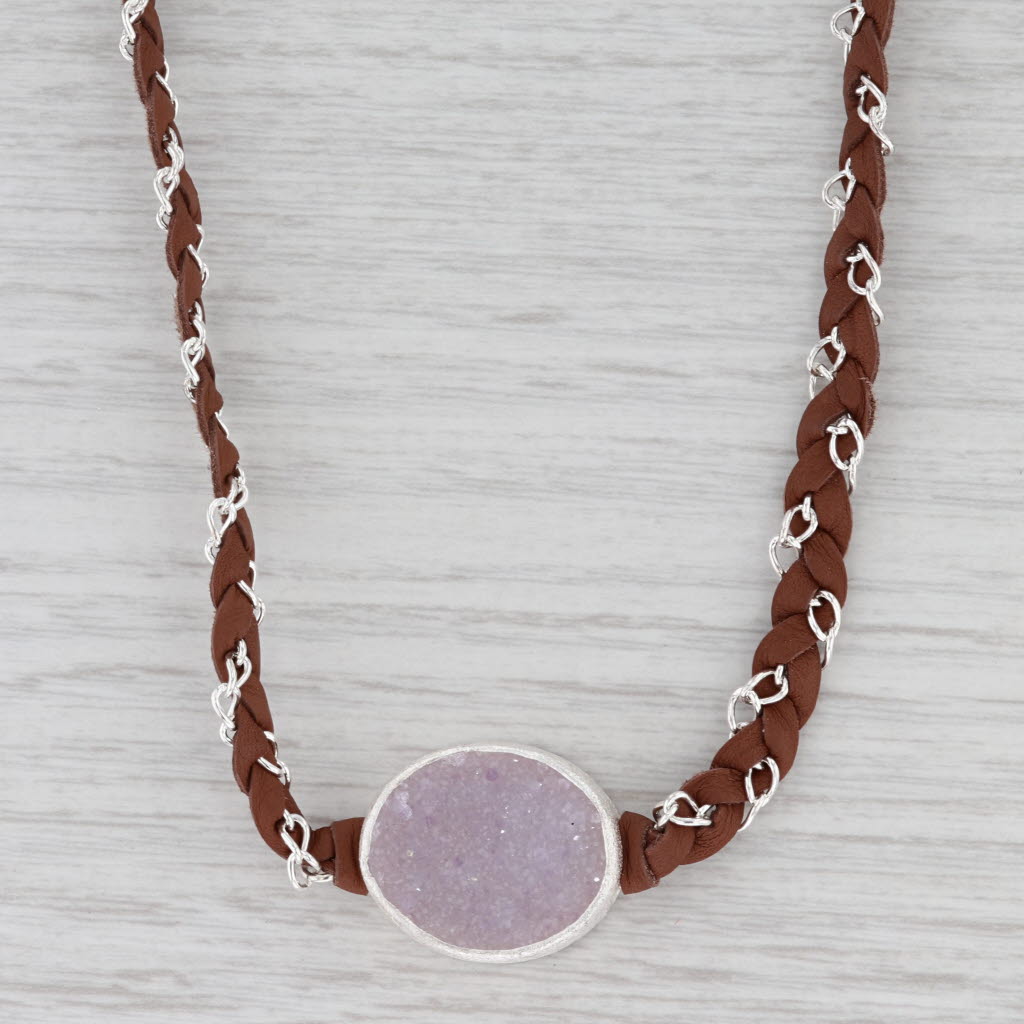 New Nina Wynn Necklace Cordelia Woven Brown Leather Pink Druzy Quartz Tags