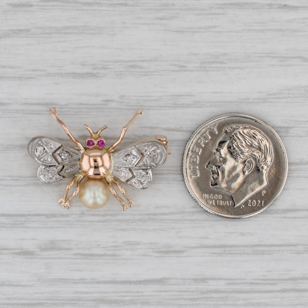 Gray Diamond Cultured Pearl Lab Created Ruby Winged Bug Pin 14k Gold Palladium Brooch