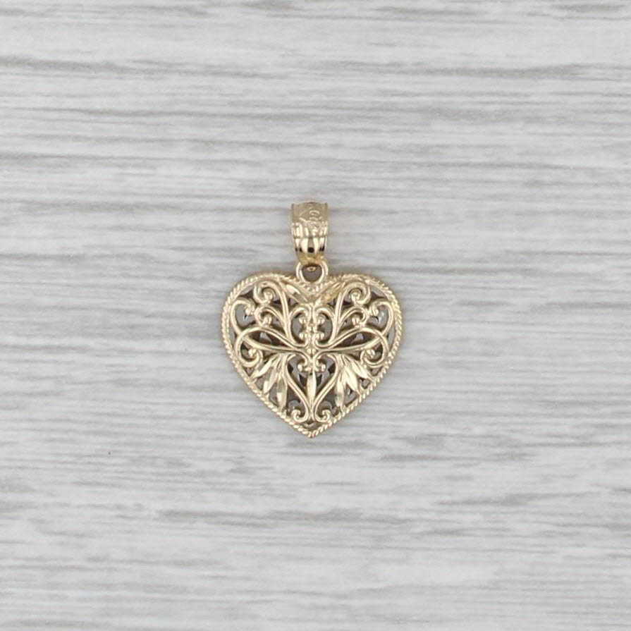 Reversible Heart Pendant 14k Yellow White Gold Ornate Filigree Open Work
