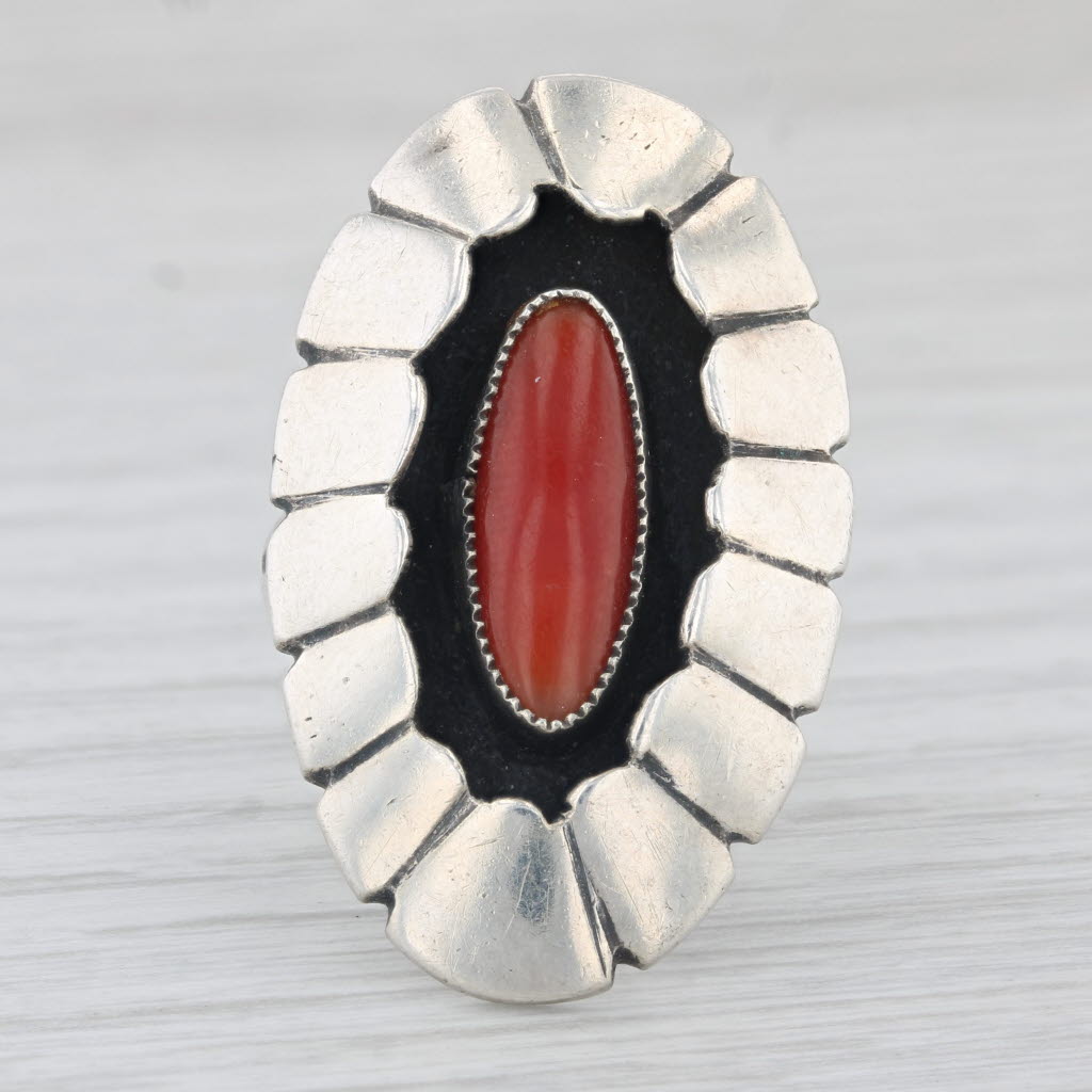 Light Gray Vintage Native American Coral Statement Ring Sterling Silver Size 6.5