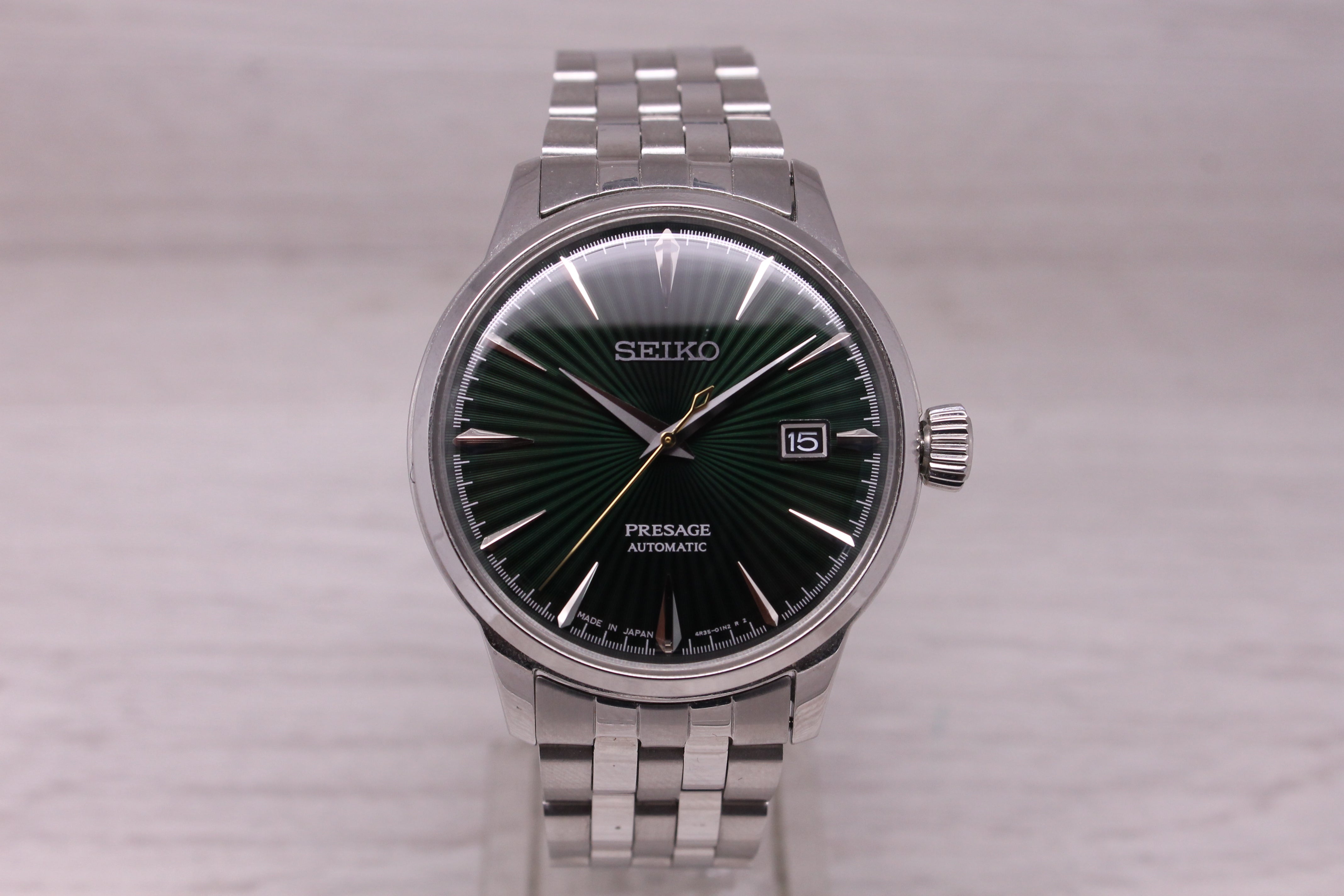 Seiko Presage Mens Watch 40.5mm Steel Swiss Date Auto Green Dial SRPE15 Box