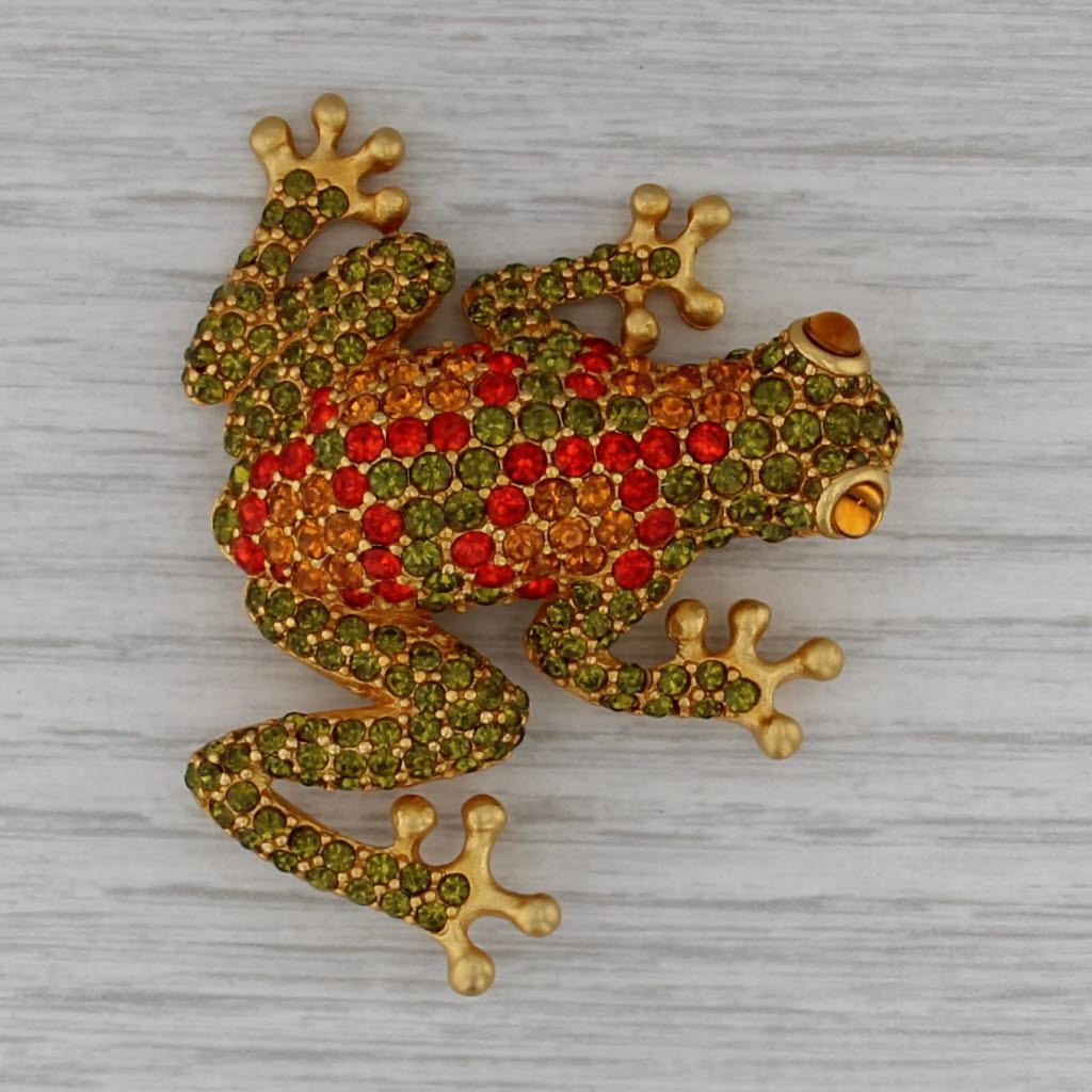 Givenchy Rhinestone Tree Frog Brooch Gold Toned Large Fashion Statement Pin