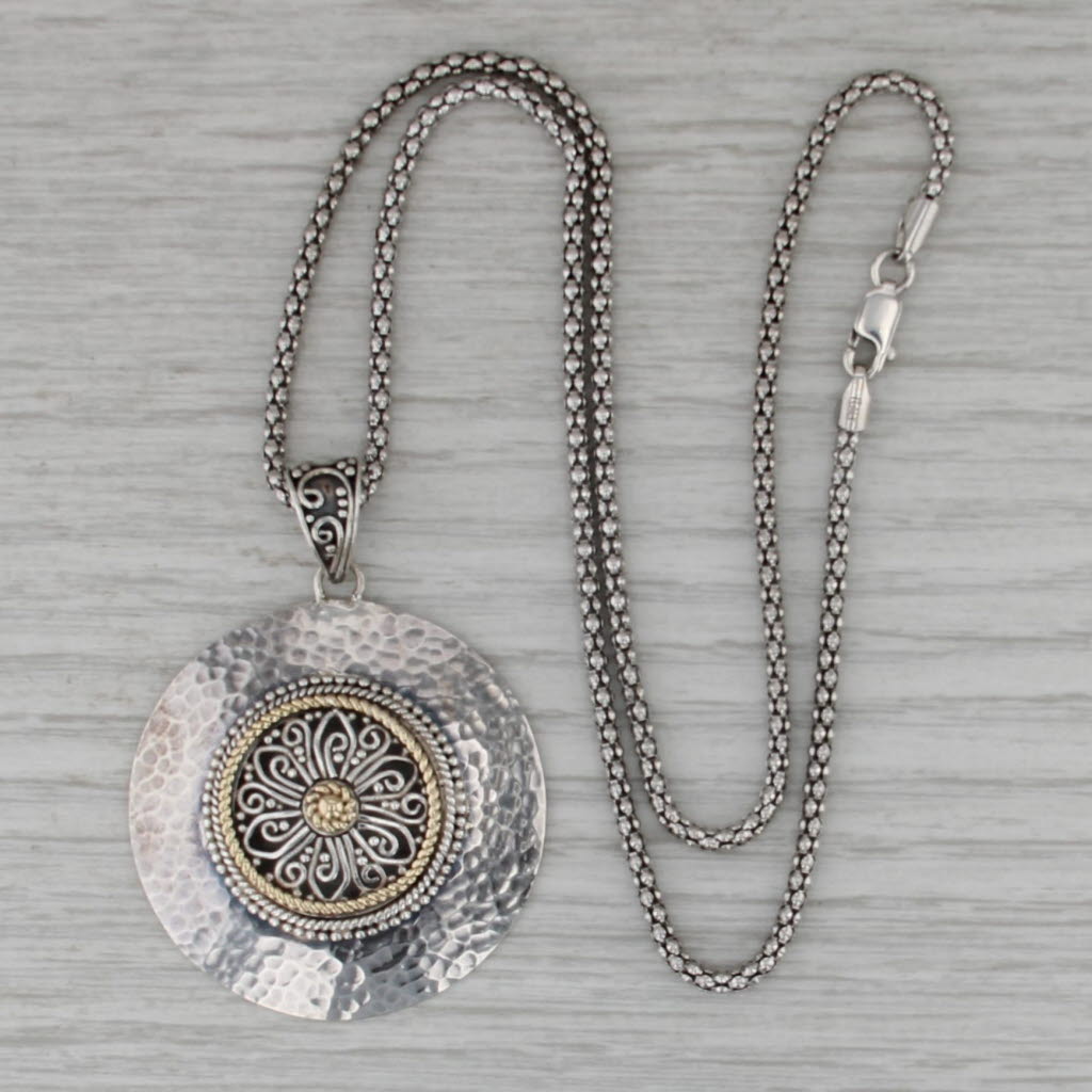 Hammered Flower Pendant Necklace Sterling Silver 14k Gold 18.5" Arts Elegance