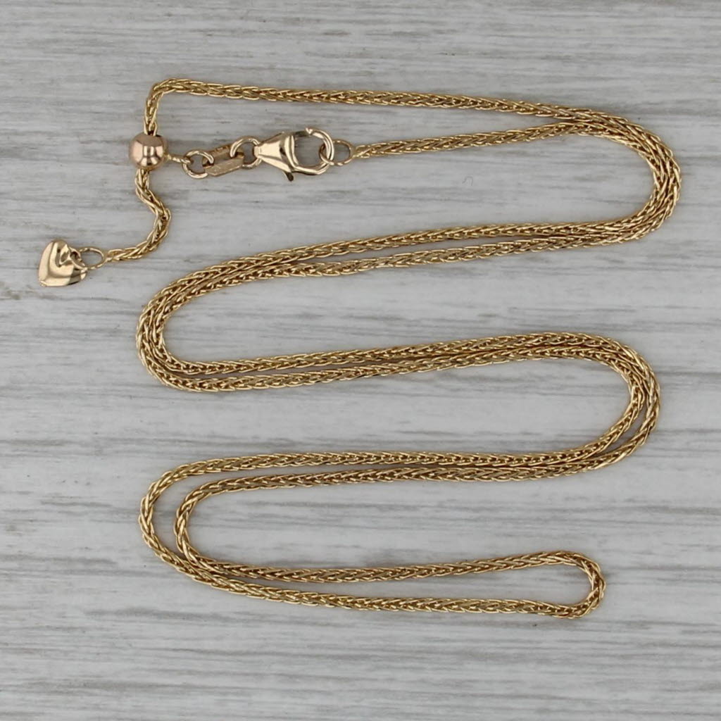 Wheat Chain Necklace 14k Yellow Gold Adjustable Slide 22" 1.3mm