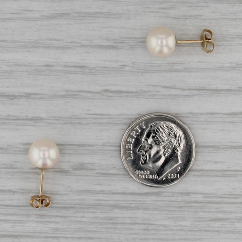 7.3mm Cultured Pearl Stud Earrings 14k Yellow Gold Round Solitaire Studs