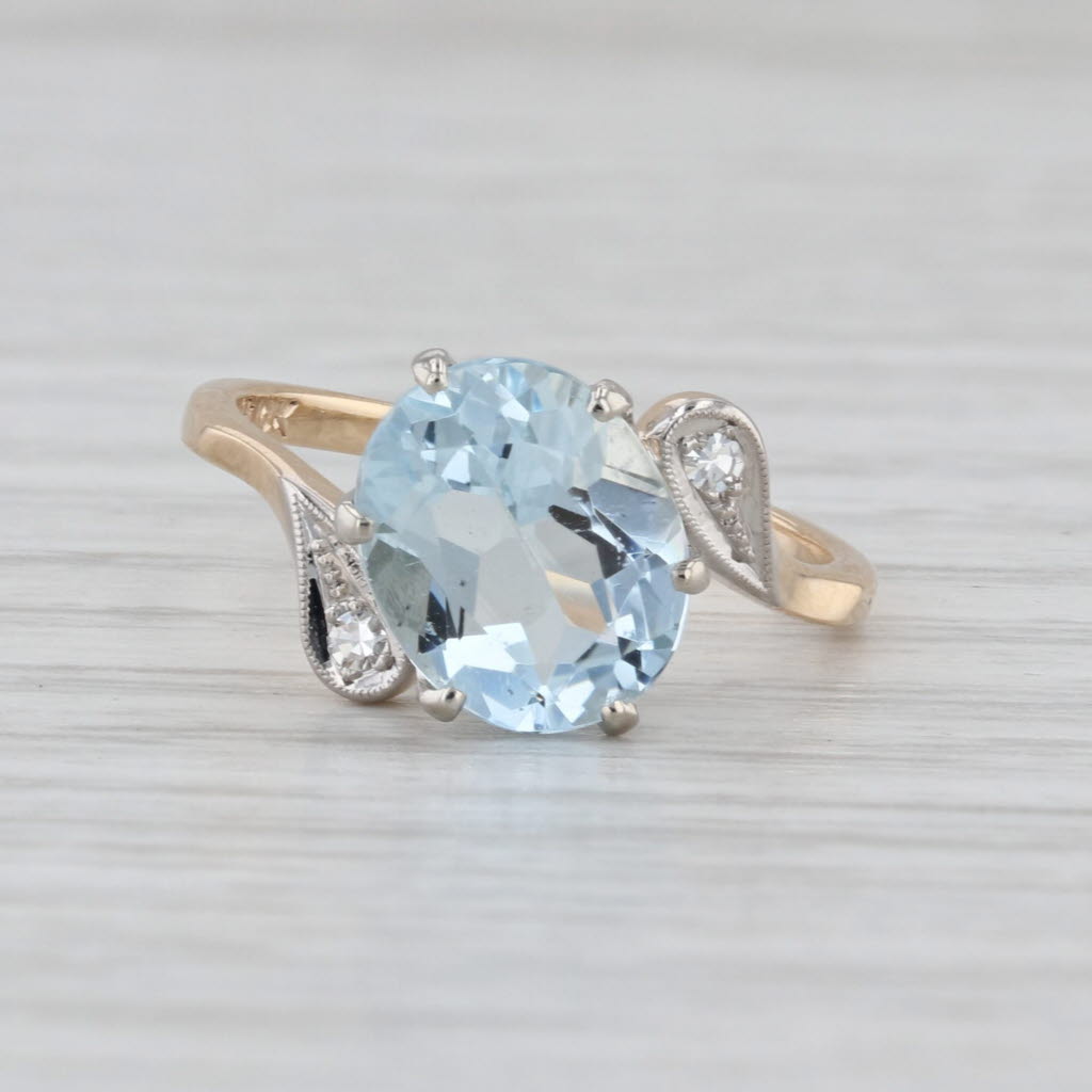 Vintage 2.28ctw Aquarmarine Diamond Bypass Ring 10k Yellow Gold Size 6