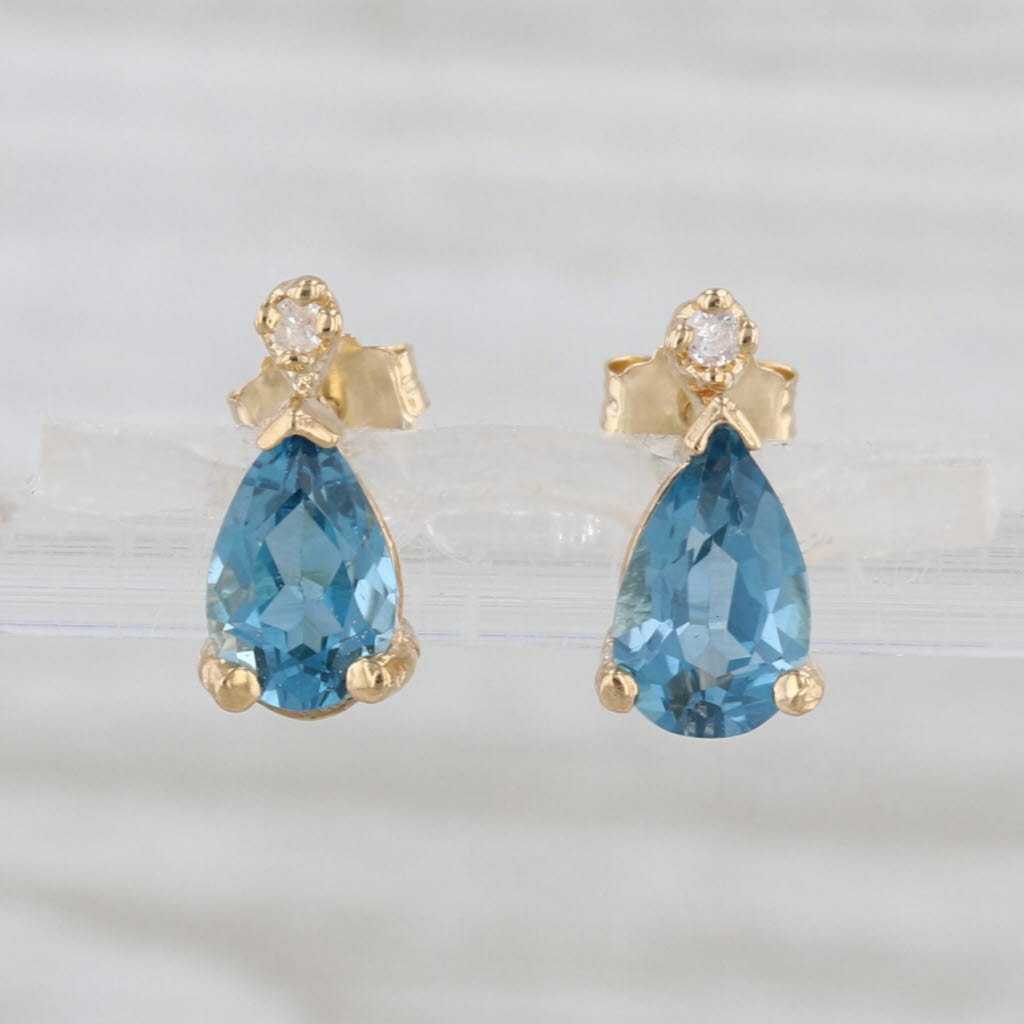 2.03ctw Pear Blue Topaz Diamond Teardrop Stud Earrings 14k Yellow Gold Studs